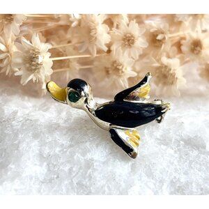 Duck in Flight Figural Enameled Gold Toned Vintage Costume Jewelry Brooch
